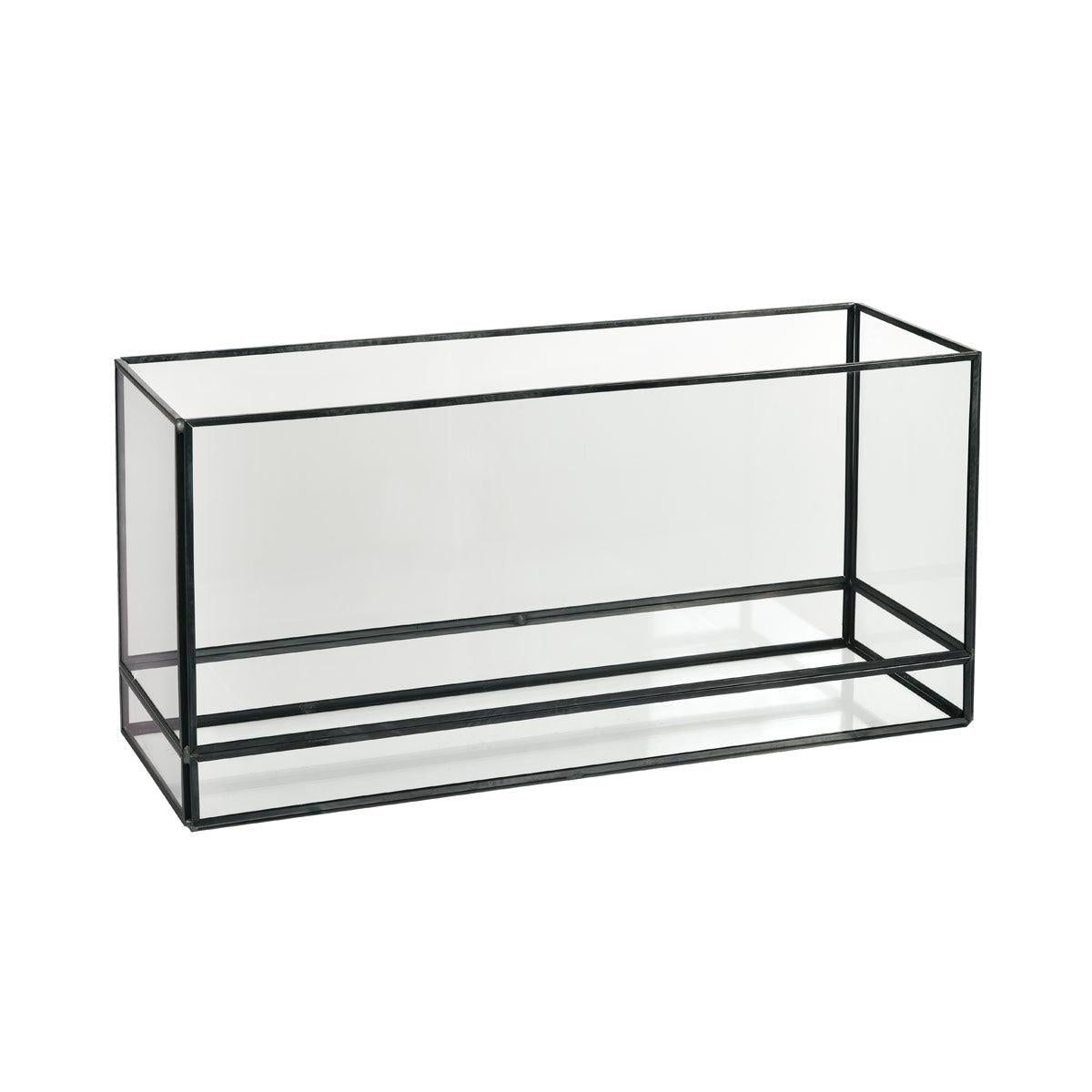 The Capella Lantern Glass, black by Duni GmbH stands empty against a white background. With its elegant rectangular glass and black metal frame, it is ideal for stylish lighting in any room.