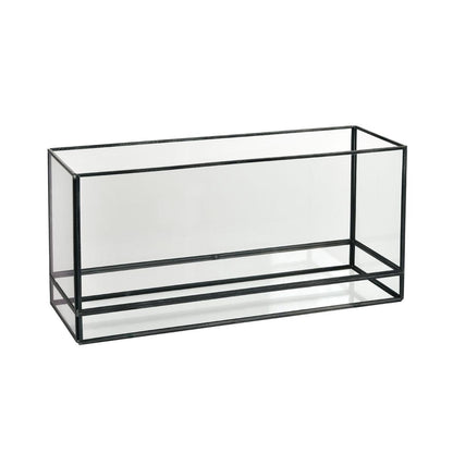 The Capella Lantern Glass, black by Duni GmbH stands empty against a white background. With its elegant rectangular glass and black metal frame, it is ideal for stylish lighting in any room.