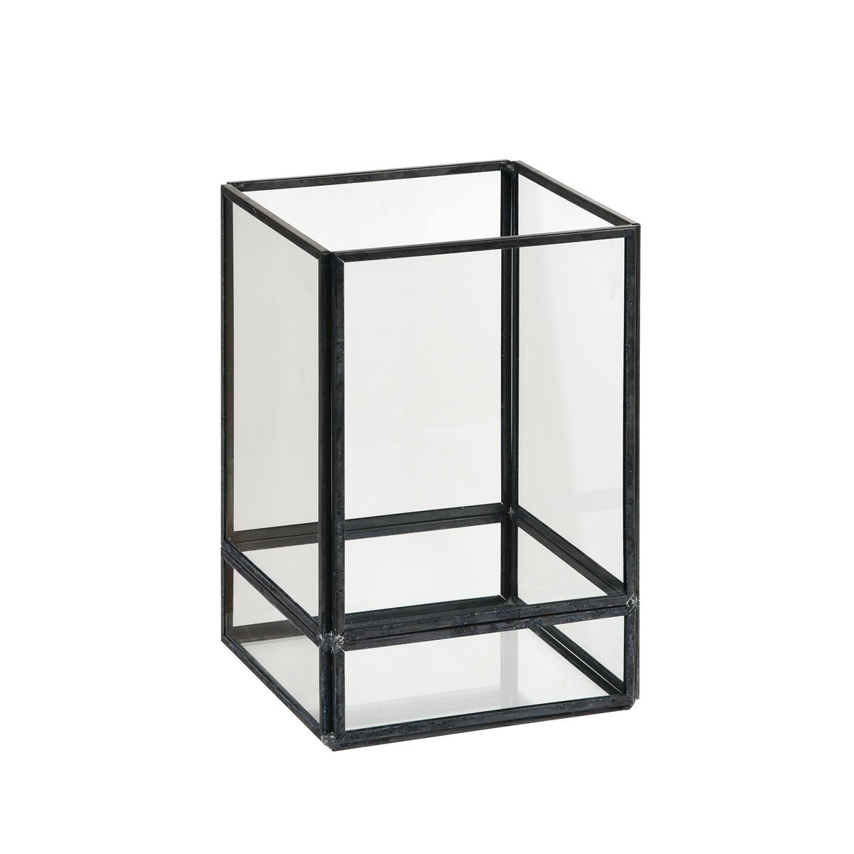 The Capella Lantern Glass, black by Duni GmbH is a rectangular lantern with black metal edges and an open top, offering stylish lighting against a plain white background.