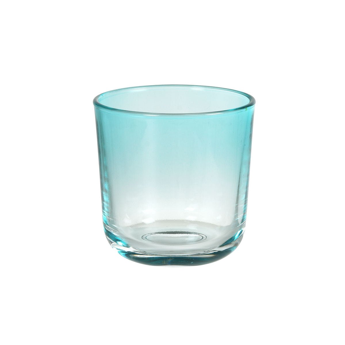 The Switch & Shine candle holder made of glass by Duni GmbH, in mint blue (81x72.5 mm), is shown with its thick base against a simple white background. Package: 1 piece.