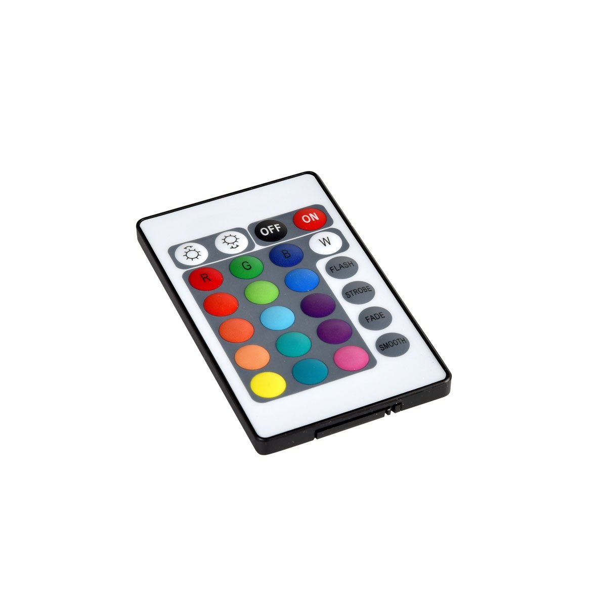 The LED remote control for dimmable and color-changing lights from Duni GmbH (1 piece) is small, rectangular, and has colored buttons for On/Off and various modes - ideal for controlling your lights.