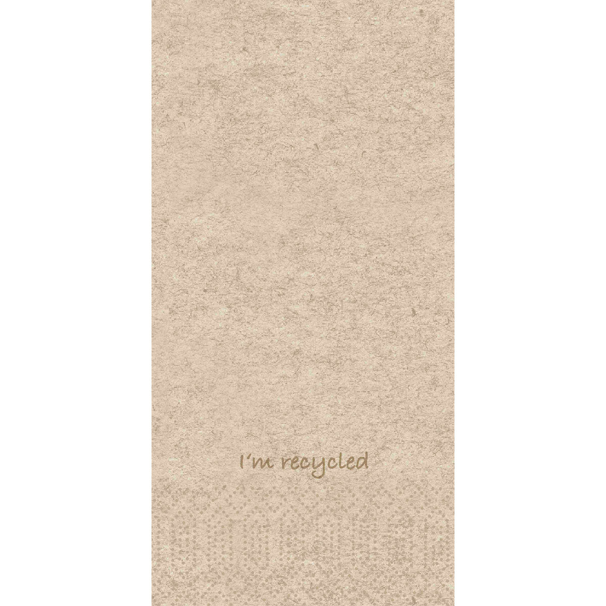 A 40 cm long, 2-ply cellulose napkin from Duni GmbH with a subtle texture and the print "I'm recycled" at the bottom - ideal for environmentally friendly use or as part of the Recycled 300P pack (300 napkins), 1/8-fold.