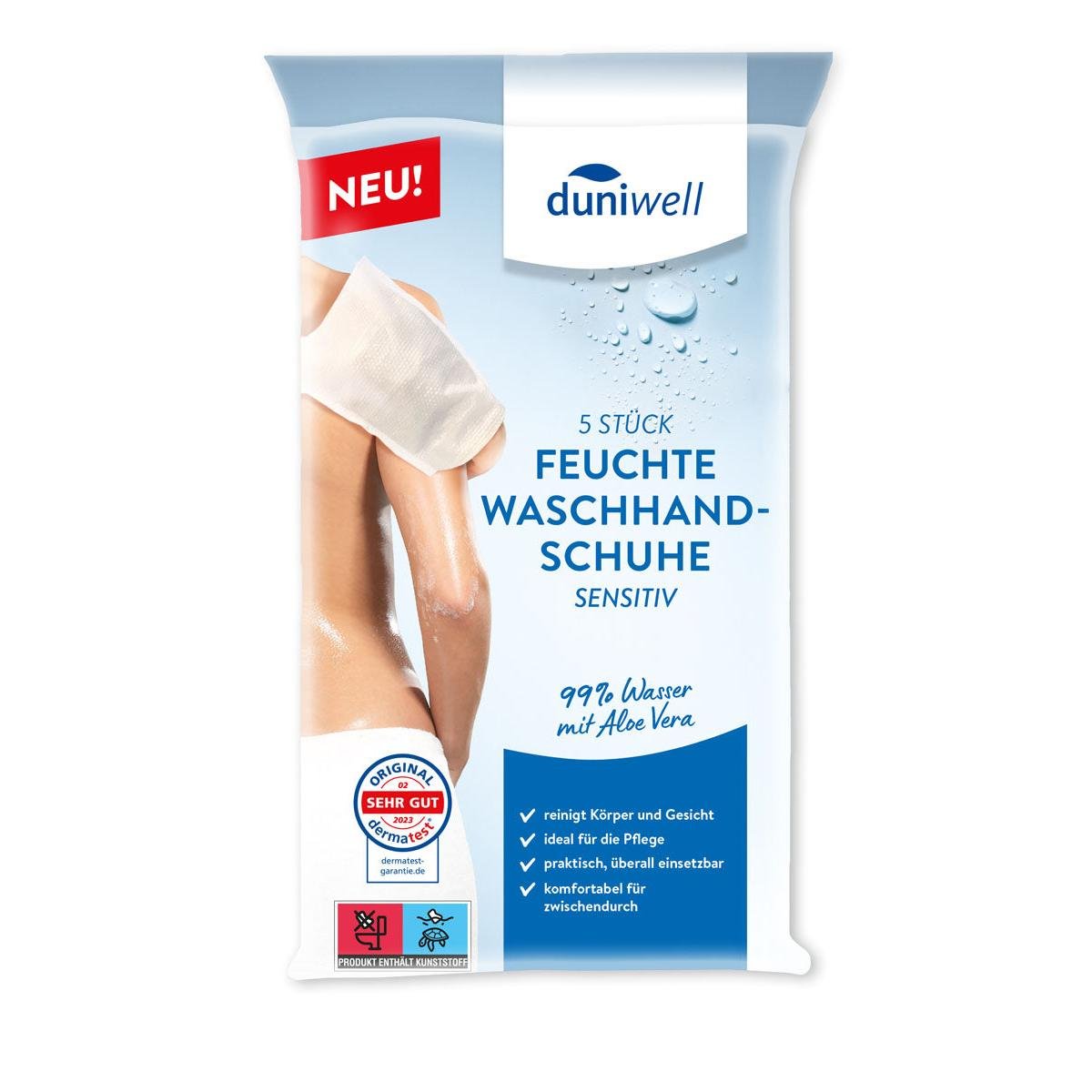 A pack of Duni GmbH moist wash gloves sensitive - Gentle cleansing for the skin (5 pieces), ideal for sensitive skin, with 99% water and aloe vera. The packaging shows part of a person's back and shoulder.