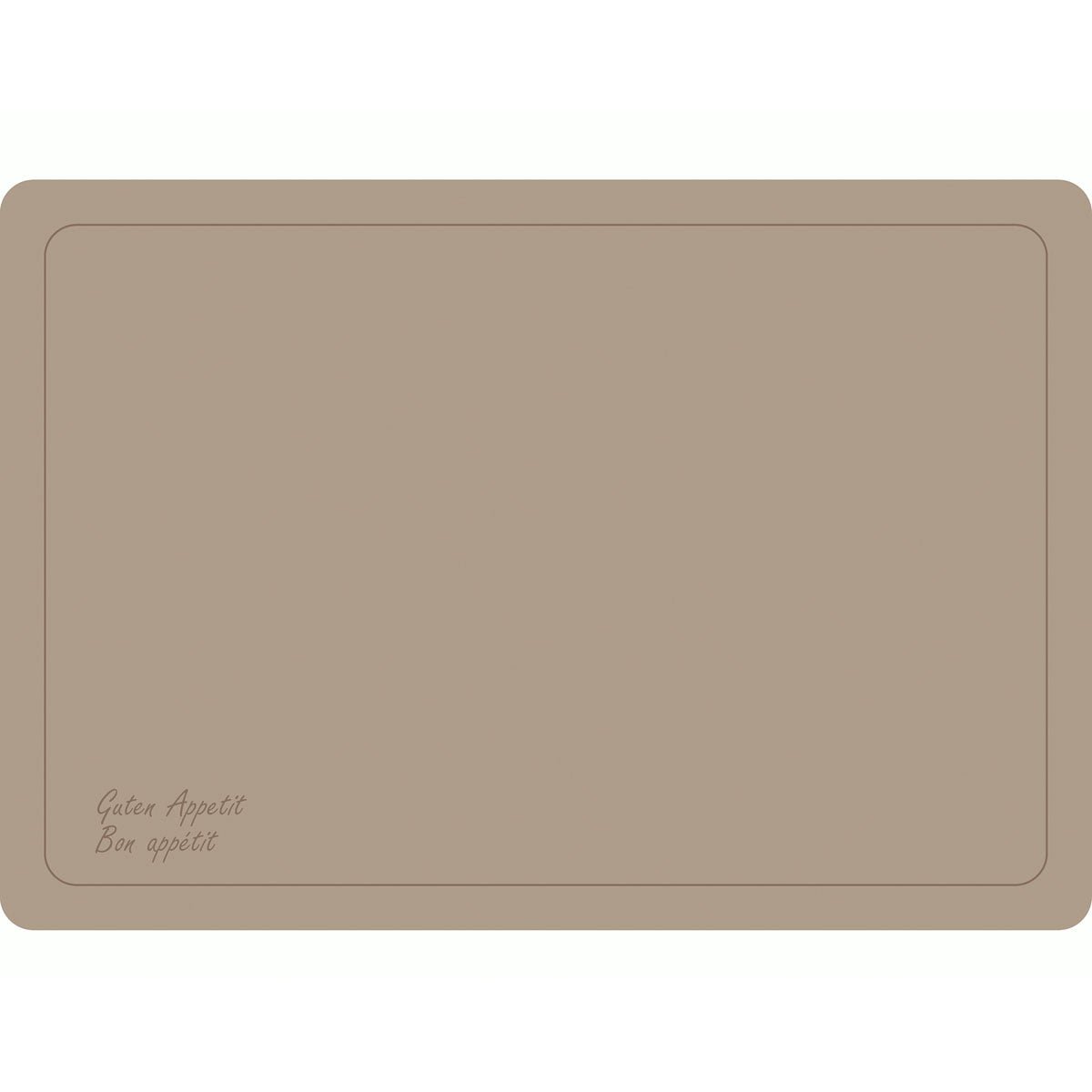 The Dunicel set 33x48cm Guten Appetit greige by Duni GmbH is a rectangular placemat with rounded corners, a two-line border, and "Guten Appetit Bon appétit" in cursive - perfect for 500 disposable cutlery sets.