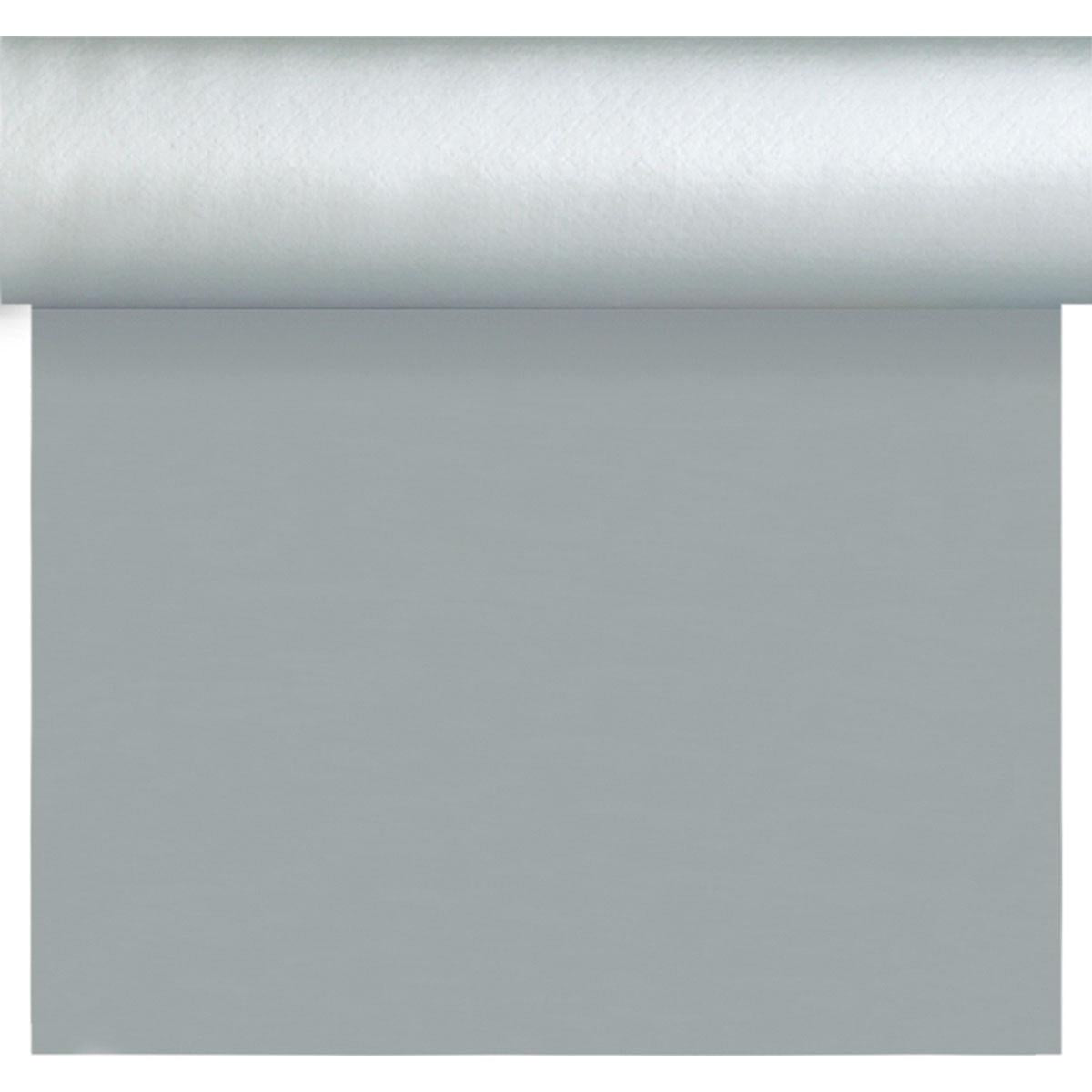 A roll of Dunisilk Tete a Tete 0.4x24m silver from Duni GmbH is partially unrolled with a smooth surface - ideal for elegant table decoration. The high-quality tablecloth (pack of 1 piece) is presented at the top of the image.