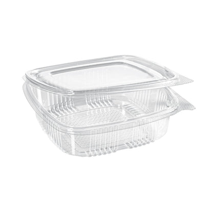 A clear, rectangular rPET Deli Hinged Transparent food container from Duni GmbH with an attached lid is shown slightly open and empty against a plain white background.