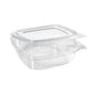A clear, rectangular rPET Deli Hinged Transparent food container from Duni GmbH with an attached lid is shown slightly open and empty against a plain white background.
