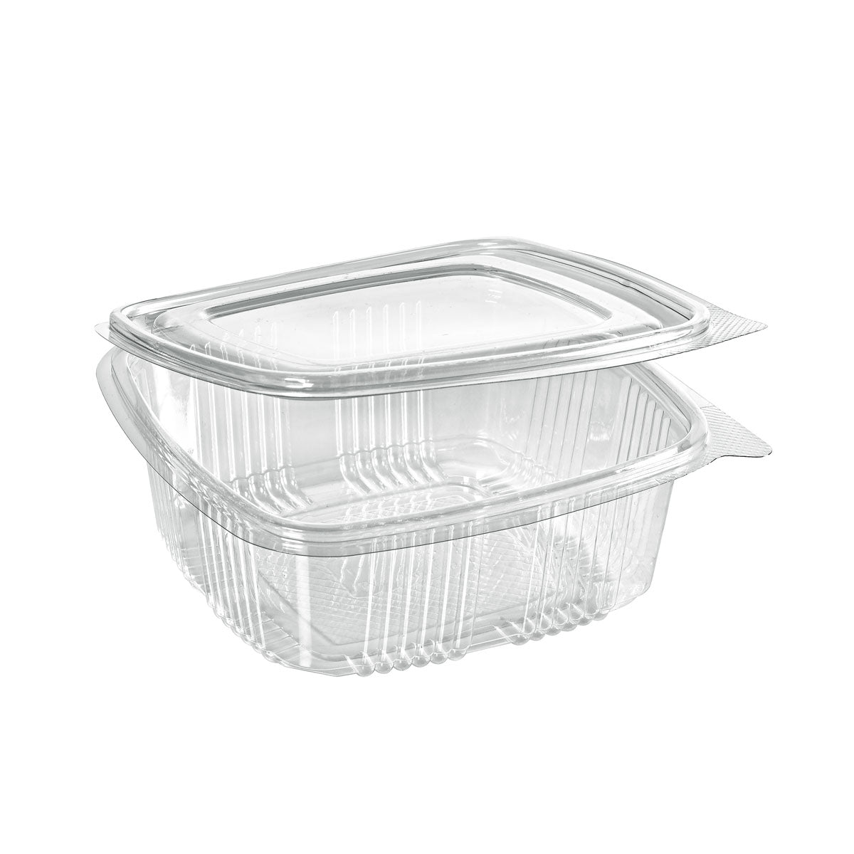 The rPET Deli Hinged Transparent from Duni GmbH is a clear, rectangular food container with a hinged lid. It is made from recycled PET and features ribbed sides and edges for environmentally friendly and secure food storage.