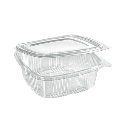 The rPET Deli Hinged Transparent from Duni GmbH is a clear, rectangular food container with a hinged lid. It is made from recycled PET and features ribbed sides and edges for environmentally friendly and secure food storage.