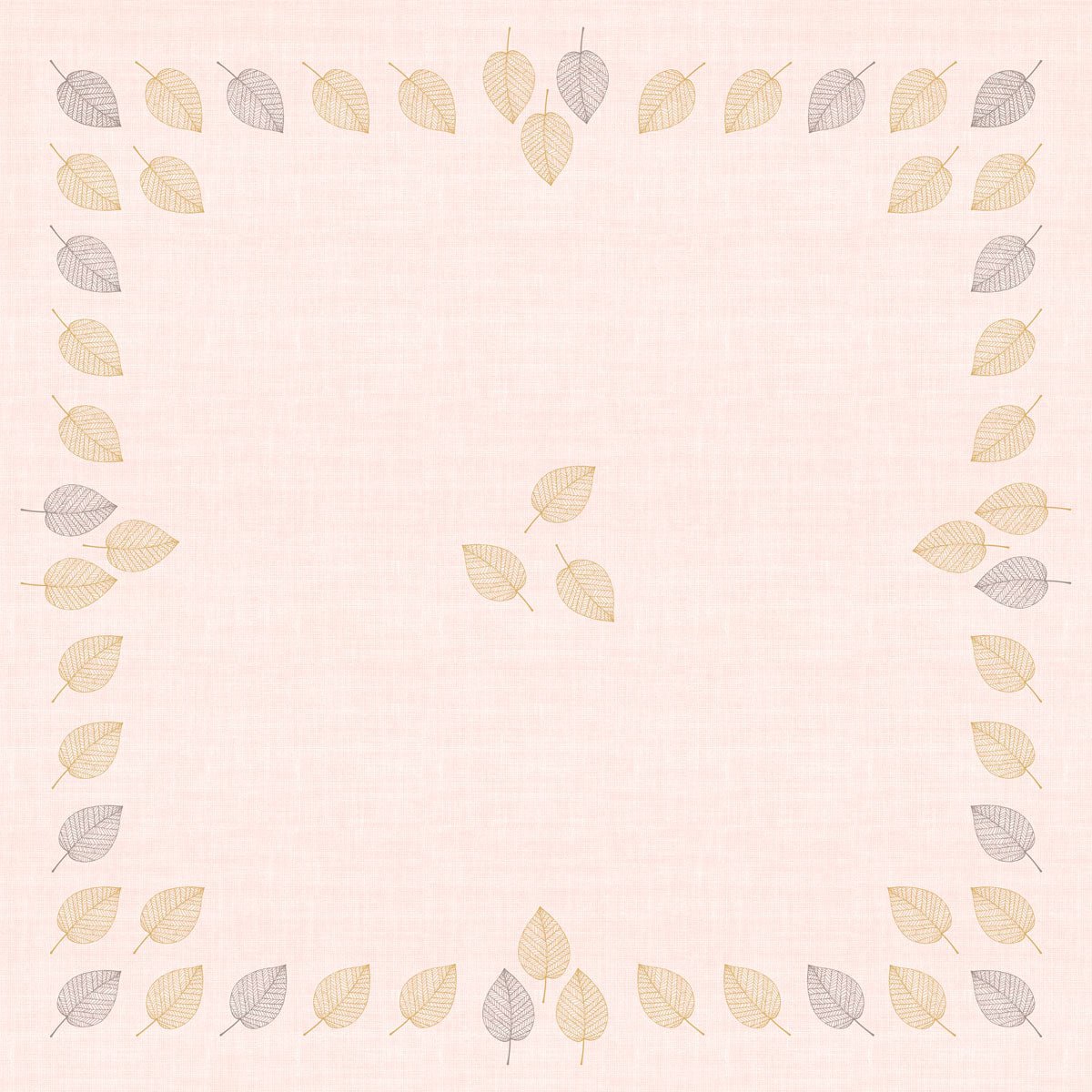 A square border with simple leaf patterns in light gold and gray frames a pale pink background. The Bio-Dunicel tablecloth 84x84cm Aspen from Duni GmbH (20 pieces) is stylish, environmentally friendly, and biodegradable.