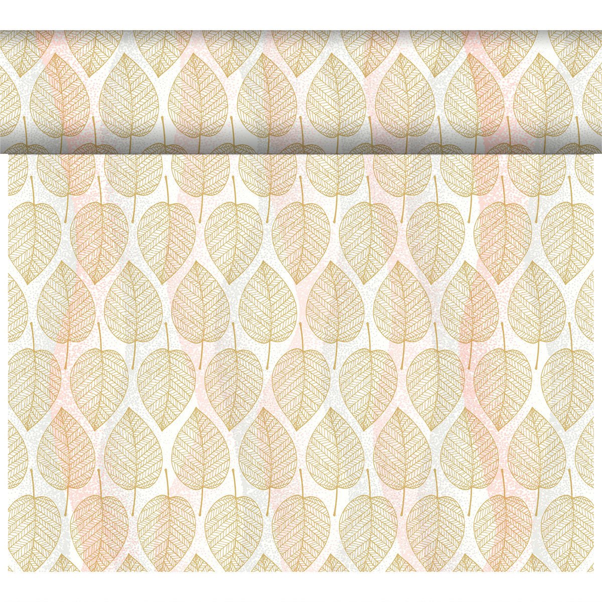 The Bio-Dunicel Tete-a-Tete table runner 0.4x24m from Duni GmbH features a repeating leaf pattern in gold, orange, and beige on a light background, arranged in vertical rows, giving your space an eco-friendly and stylish touch.