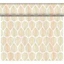 The Bio-Dunicel Tete-a-Tete table runner 0.4x24m from Duni GmbH features a repeating leaf pattern in gold, orange, and beige on a light background, arranged in vertical rows, giving your space an eco-friendly and stylish touch.