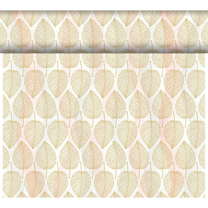 The Bio-Dunicel Tete-a-Tete table runner 0.4x24m from Duni GmbH features a repeating leaf pattern in gold, orange, and beige on a light background, arranged in vertical rows, giving your space an eco-friendly and stylish touch.