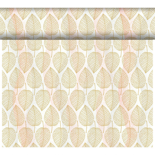 The Bio-Dunicel Tete-a-Tete table runner 0.4x24m from Duni GmbH features a repeating leaf pattern in gold, orange, and beige on a light background, arranged in vertical rows, giving your space an eco-friendly and stylish touch.