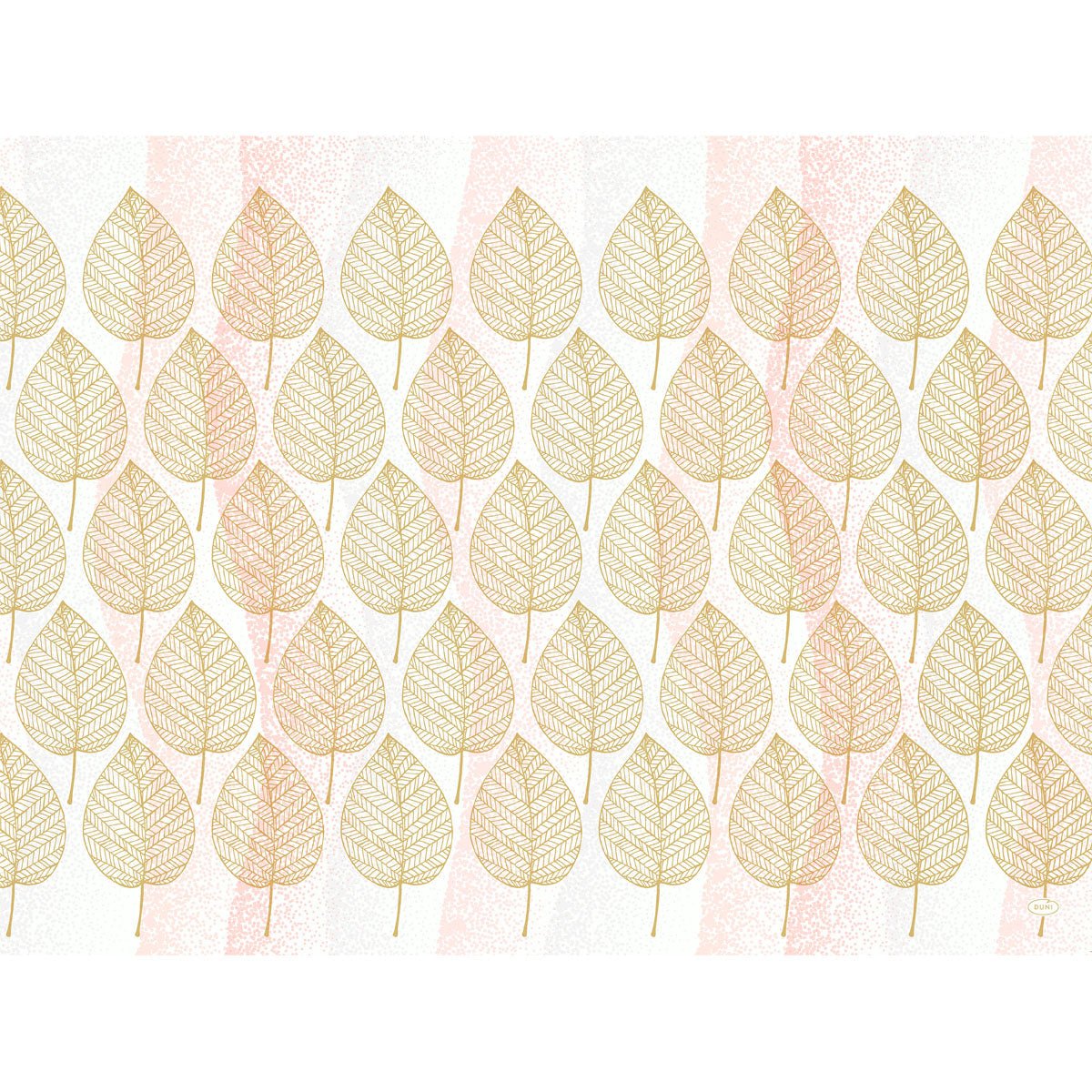The paper placemats 30x40cm Aspen by Duni GmbH (pack of 250 pieces) feature gold-bordered leaves on a pink striped, speckled background - stylish and eco-friendly to protect your table.