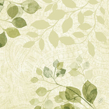 A light green-beige background with a subtle paisley pattern, overlaid with watercolor-like leaf branches in shades of green, emphasizes the natural charm of the diagonally arranged Bio-Dunisoft napkins 40x40cm by Duni GmbH.