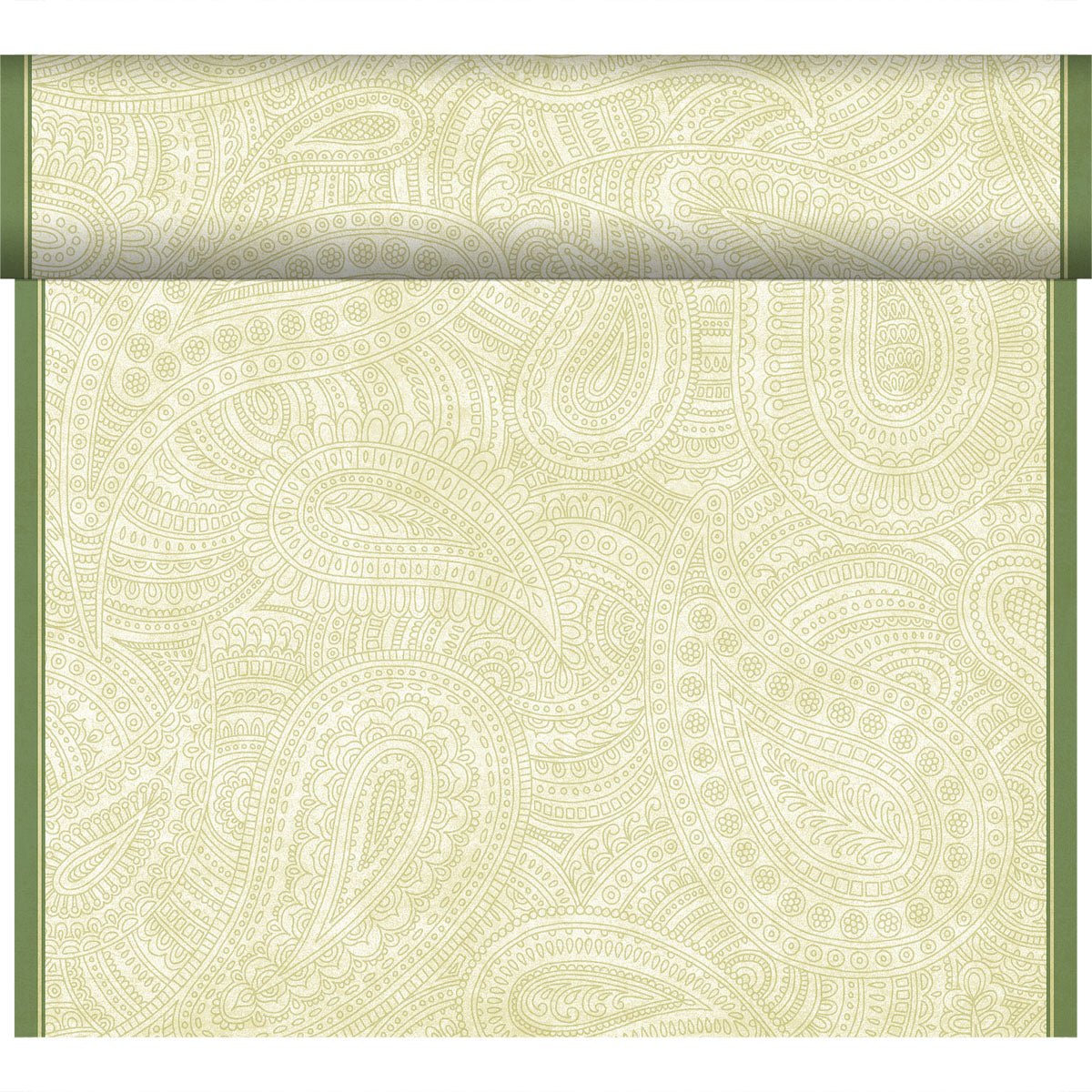 A wallpaper roll with a light green and cream paisley pattern, bordered by vertical green edges, is ideal for combining with the Duni GmbH Bio-Dunicel Tete-a-Tete table runner 0.4x24m.