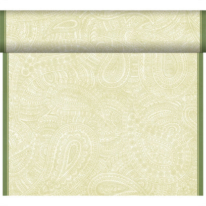 A wallpaper roll with a light green and cream paisley pattern, bordered by vertical green edges, is ideal for combining with the Duni GmbH Bio-Dunicel Tete-a-Tete table runner 0.4x24m.