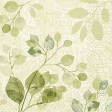 The Duni GmbH napkins 33x33 3-ply 1/4 Paisley Leaves (50 pieces) feature a watercolor design with green, leafy branches on light beige and subtle paisley patterns, offering a soft, natural look with delicate, textured details.