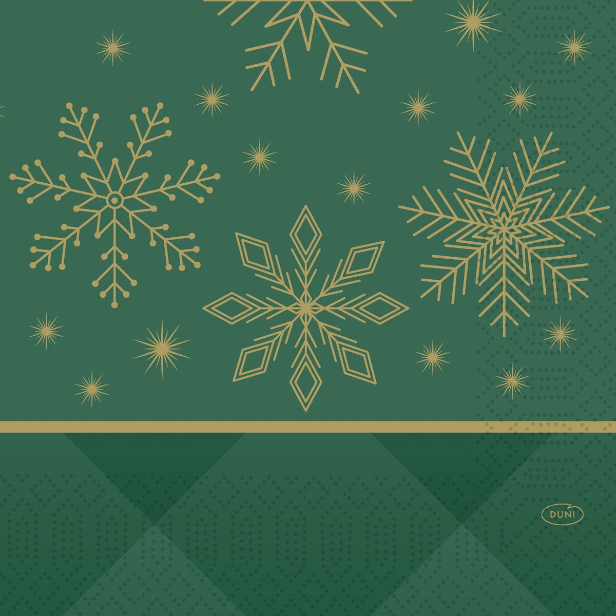 The Duni GmbH napkins 33x33 3-ply 1/4 Rhombus green have a green background with golden snowflakes, stars, geometric accents, a horizontal golden line, and an oval Duni logo - ideal for festively set tables. Package: 250 pieces.