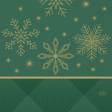 The Duni GmbH napkins 33x33 3-ply 1/4 Rhombus green have a green background with golden snowflakes, stars, geometric accents, a horizontal golden line, and an oval Duni logo - ideal for festively set tables. Package: 250 pieces.