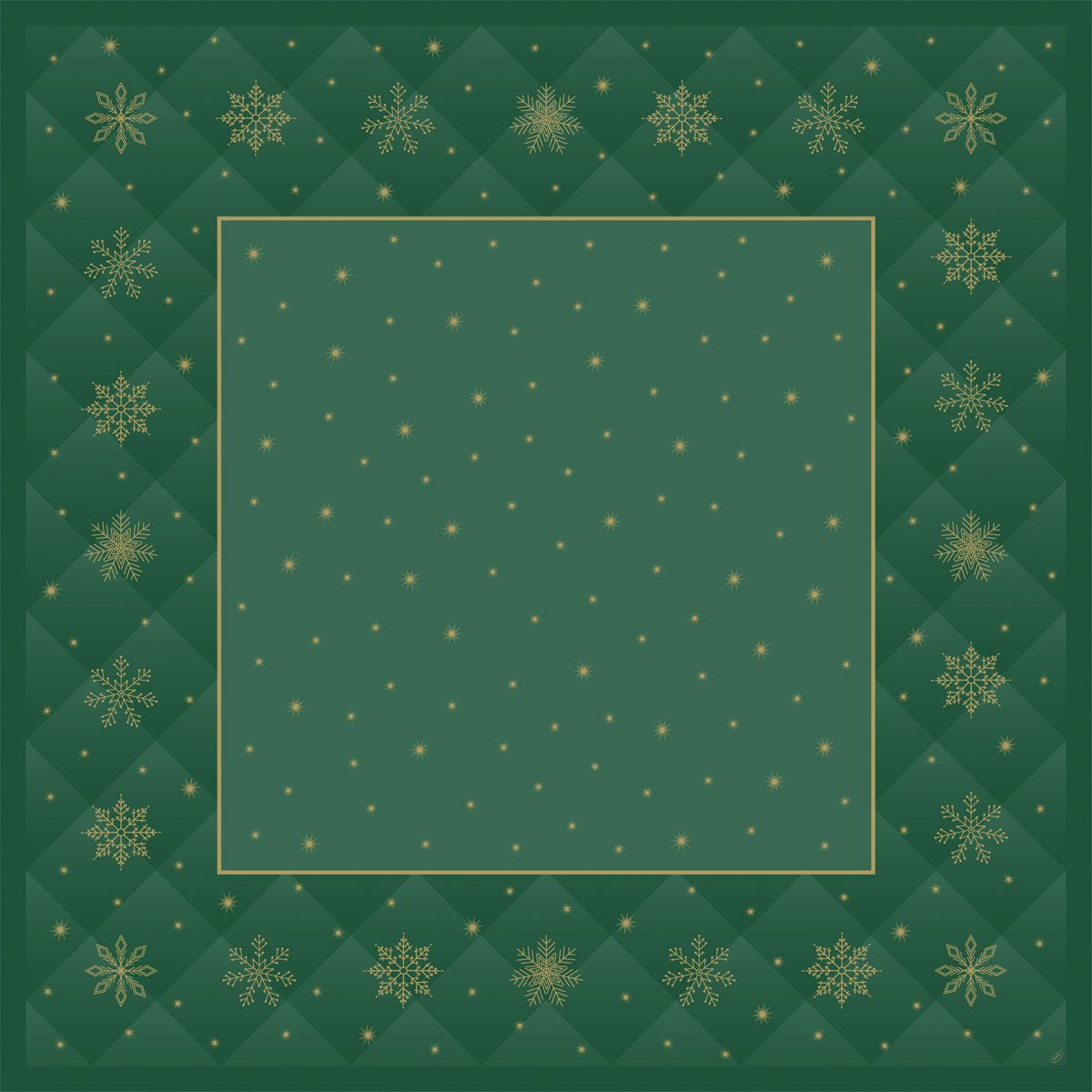 The Bio-Dunicel tablecloth 84x84cm Rhombus green by Duni GmbH features a square, biodegradable, green design with a golden snowflake lattice border and a solid-colored center adorned with scattered golden dots and stars. Package: 20 pieces.