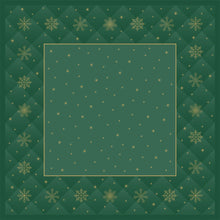The Bio-Dunicel tablecloth 84x84cm Rhombus green by Duni GmbH features a square, biodegradable, green design with a golden snowflake lattice border and a solid-colored center adorned with scattered golden dots and stars. Package: 20 pieces.