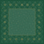 The Bio-Dunicel tablecloth 84x84cm Rhombus green by Duni GmbH features a square, biodegradable, green design with a golden snowflake lattice border and a solid-colored center adorned with scattered golden dots and stars. Package: 20 pieces.