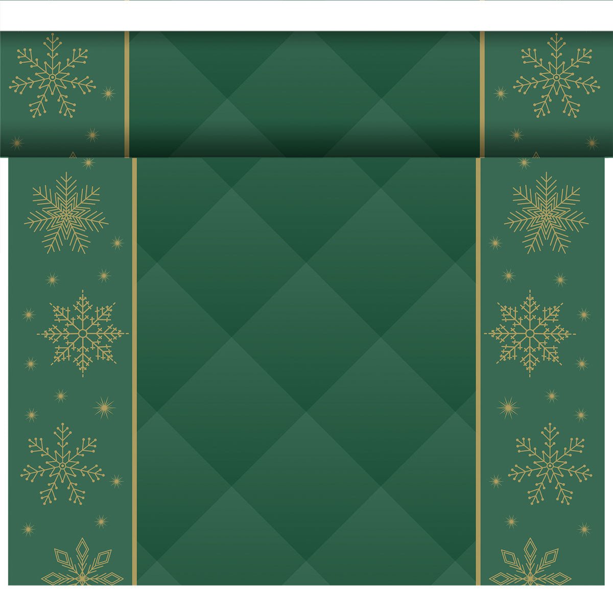 A roll of green organic Dunicel-Tete a Tete 0.4x24m from Duni GmbH with golden snowflakes and stars on the sides and a green diamond in the center, ideal for sustainable table decoration or in combination with an organic Dunicel tablecloth. Partially unrolled.