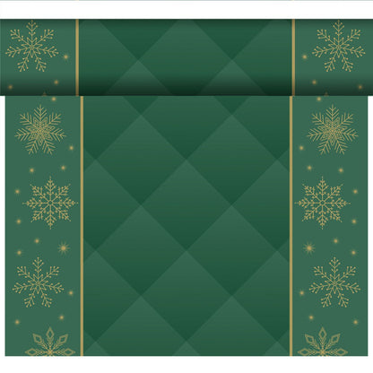A roll of green organic Dunicel-Tete a Tete 0.4x24m from Duni GmbH with golden snowflakes and stars on the sides and a green diamond in the center, ideal for sustainable table decoration or in combination with an organic Dunicel tablecloth. Partially unrolled.