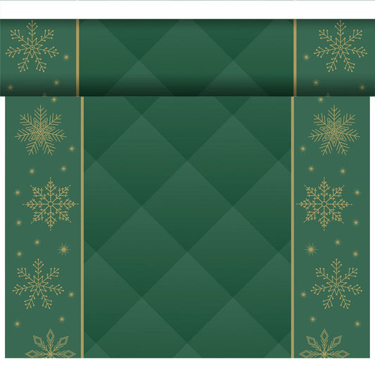 A roll of green organic Dunicel-Tete a Tete 0.4x24m from Duni GmbH with golden snowflakes and stars on the sides and a green diamond in the center, ideal for sustainable table decoration or in combination with an organic Dunicel tablecloth. Partially unrolled.