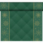 A roll of green organic Dunicel-Tete a Tete 0.4x24m from Duni GmbH with golden snowflakes and stars on the sides and a green diamond in the center, ideal for sustainable table decoration or in combination with an organic Dunicel tablecloth. Partially unrolled.