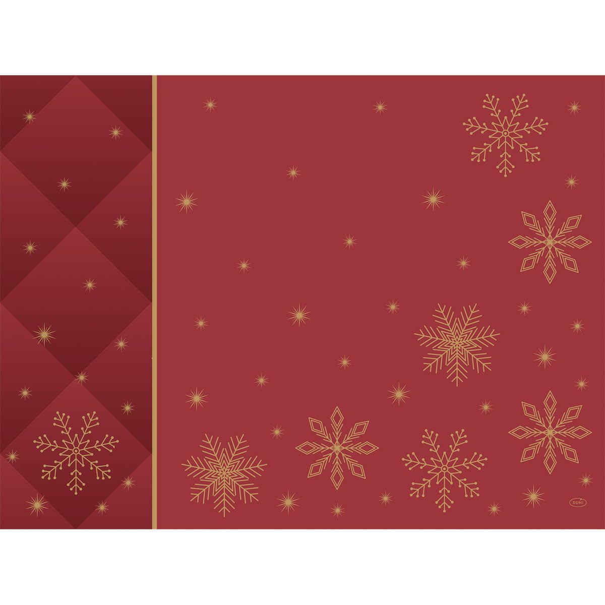 A red background with gold-edged snowflakes and small golden stars, along with a chestnut-colored diamond pattern on the left side, creates an elegant look - ideal for presenting the Duni GmbH Bio-Dunicel sets 30x40 Rhombus bordeaux (100 pieces).