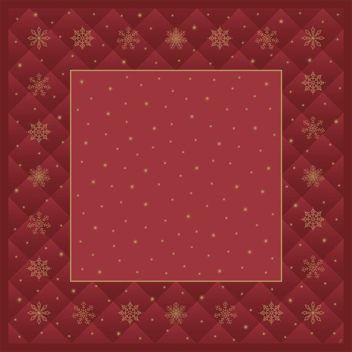 A red square with a golden border and Christmas snowflakes - ideal for using your Duni GmbH Bio-Dunicel tablecloth 84x84cm Rhombus bordeaux (20 pieces) as a sustainable table covering for the holidays.