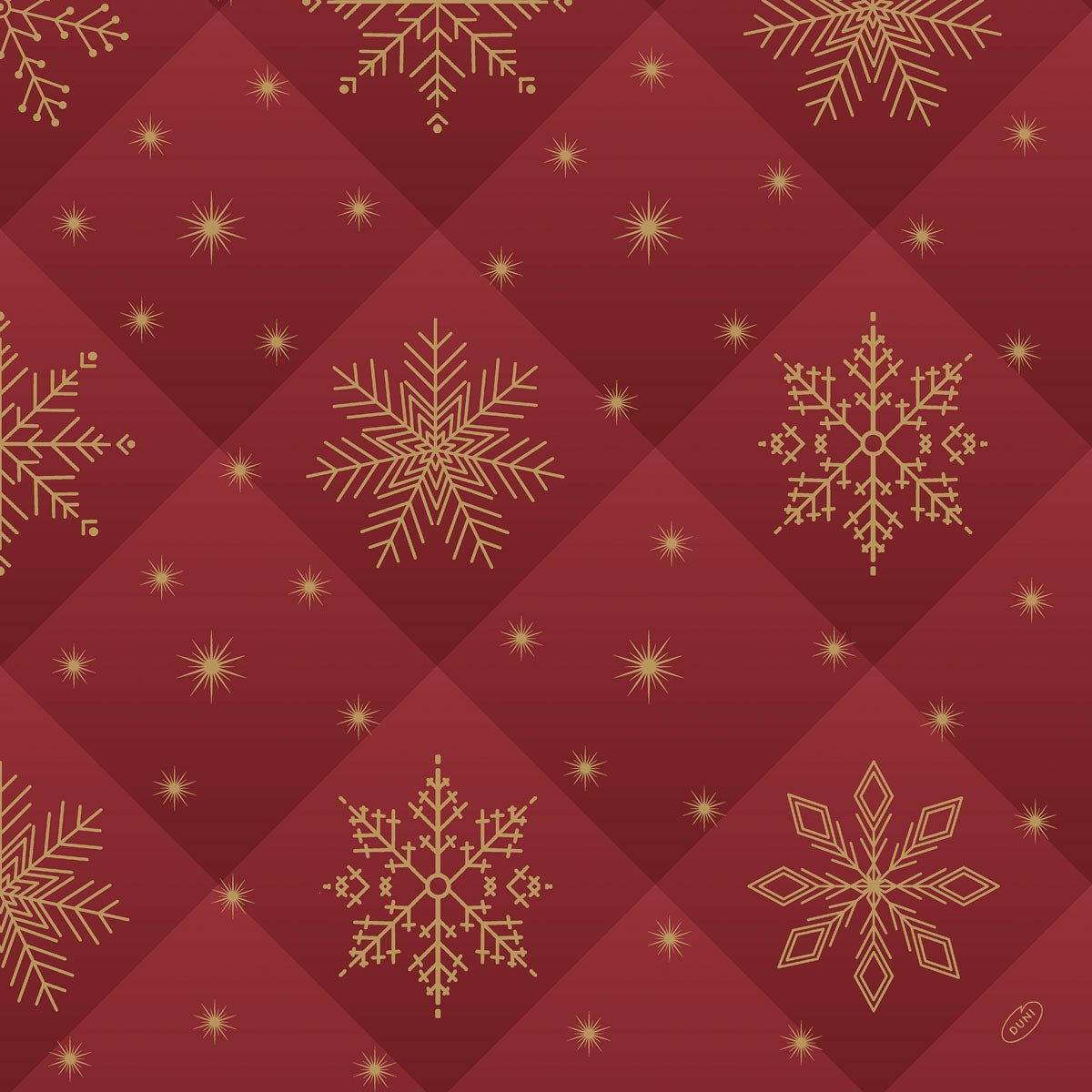 The Dunilin napkins 48x48cm Rhombus bordeaux by Duni GmbH feature golden snowflakes and starbursts on a quilted red background with a diamond pattern - ideal for adding luxury to your table. Pack (36 pieces).