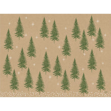 The paper placemats 30x40cm Humble Trees from Duni GmbH feature a brown, recyclable paper background with rows of green fir trees and white snowflakes, offering an eco-friendly, wintery design. Pack of 250 pieces.