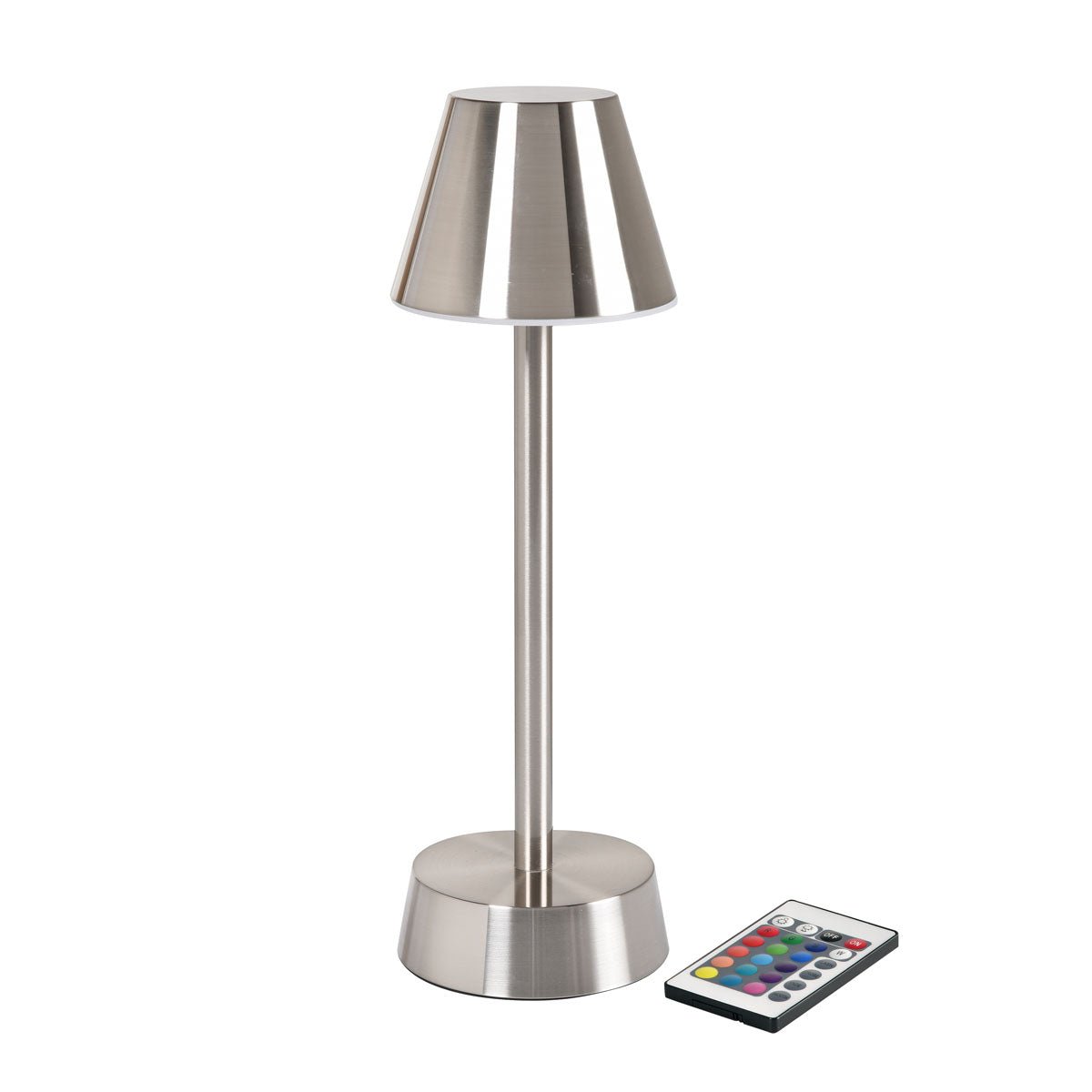 The LED lamp wireless ZELDA silver by Duni GmbH with a conical shade and cylindrical base stands on a white background. Next to it is a remote control for energy-saving, modern lighting solutions (1 piece).