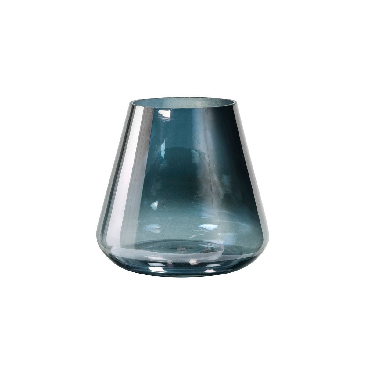 A transparent, blue-tinted glass vase with a wide base and narrow opening against a white background highlights the elegance of the Duni GmbH candle holder Glass Etna 10.5x11.5 cm - an elegant table decoration holder.