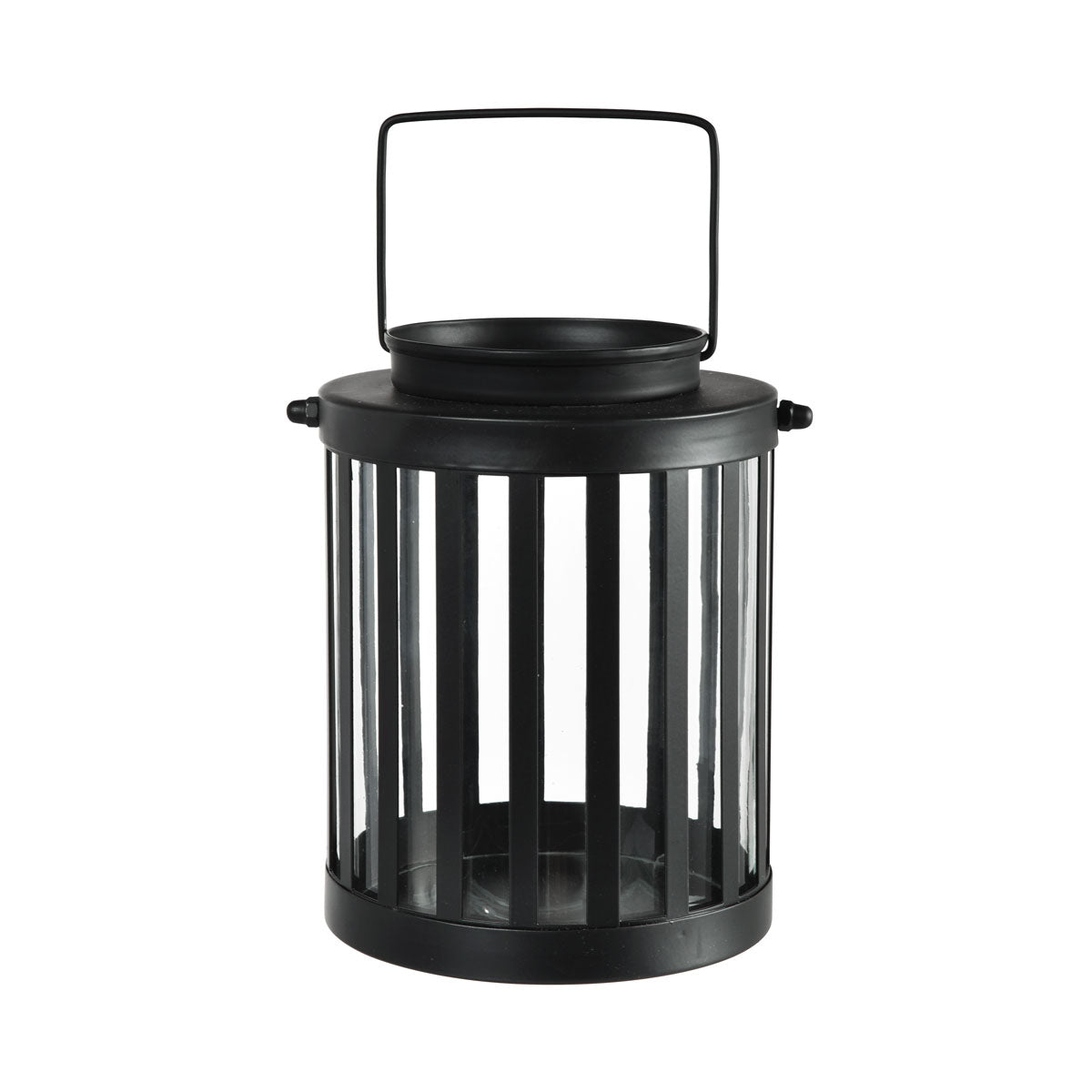 The Duni GmbH glass candle holder, 16.5x20 cm (Fyr) is a simple black metal lantern with vertical bars, a top handle, and a glass candle holder - perfect as an elegant single-piece table decoration.
