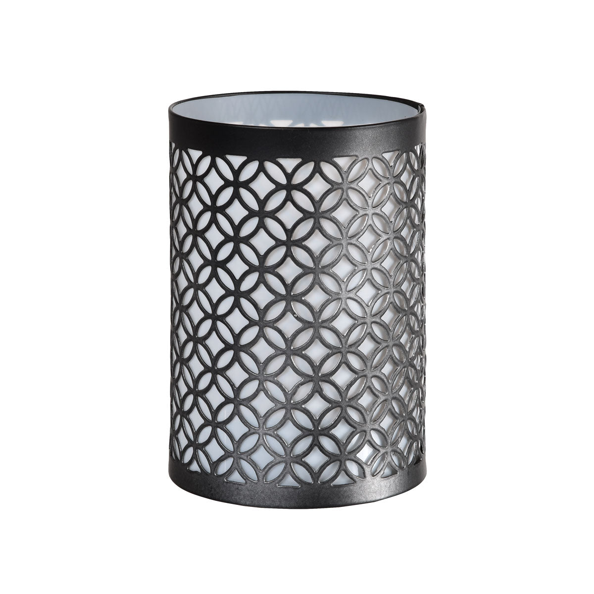 The metal candle holder, 8.9x13cm from Duni GmbH, impresses with elegant black geometry and a white interior - a stylish piece for your table decoration, depicted against a white background.