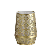 The Duni GmbH metal candle holder, 7.5x10cm Anoush, is an elegant table decoration holder in gold with a geometric hexagonal pattern and a white interior - perfect for stylishly decorating living spaces.