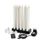 A pack of 1 Duni GmbH LED taper candles 27.8 cm in warm white is elegantly presented with a black charging station, remote control, plug adapter, USB cable, and white caps - perfect for stylish home decoration.