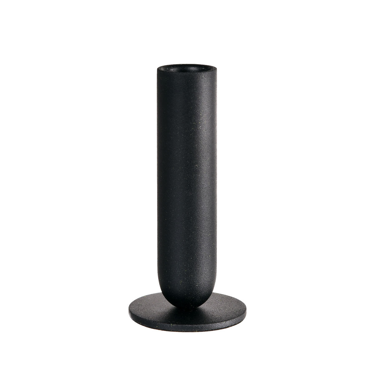 The Duni GmbH metal candle holder (5.7x12 cm) in an elegant totem design stands on a flat round base against a white background and adds modern accents to the decor. The package contains 1 piece.