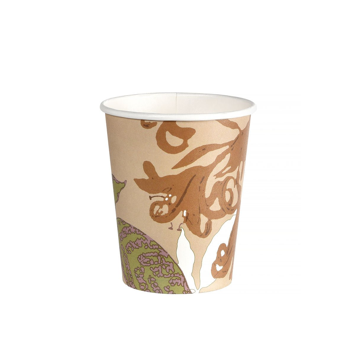 A single Duni GmbH paper cup WBC Garden, 240ml, with a colorful abstract floral design stands on a white background - an eco-friendly choice for environmentally conscious celebrations. Packaged as a pack (40 pieces).