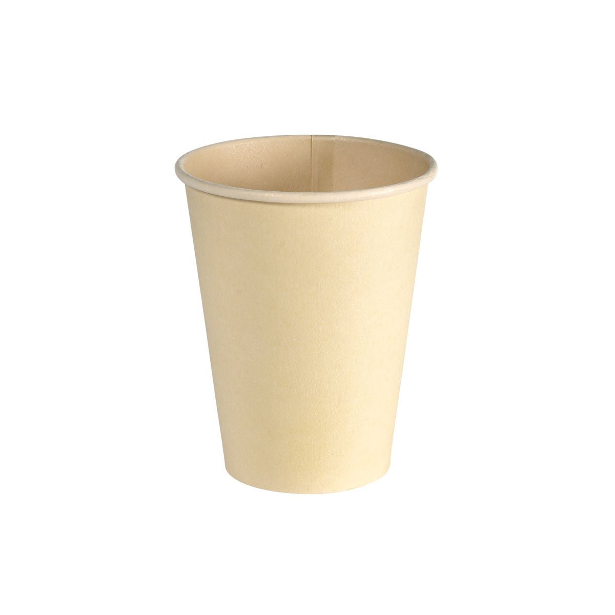 A simple, light brown coffee cup Sweet Bagasse/WBC by Duni GmbH (240ml, pack of 50 pieces) is depicted upright and empty against a white background. The biodegradable cup has a simple cylindrical design with a slightly flared rim.