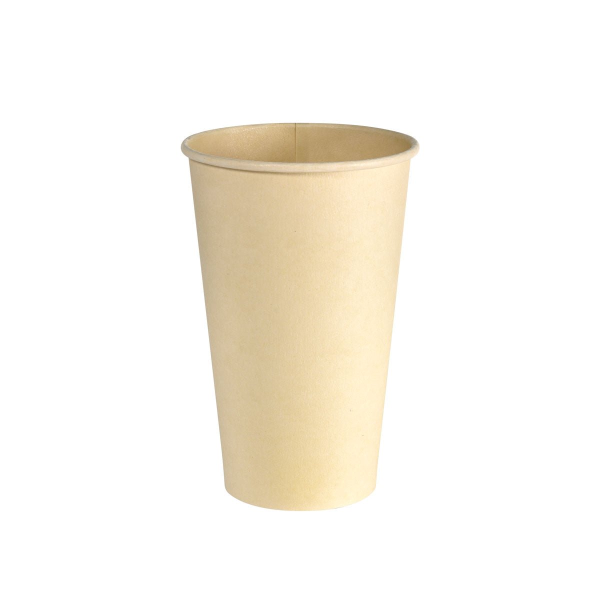 The coffee cup Sweet Bagasse/WBC, 480ml from Duni GmbH is a beige, environmentally friendly disposable cup made of bagasse with a slightly flared rim, standing on a white base. Package: 36 pieces.