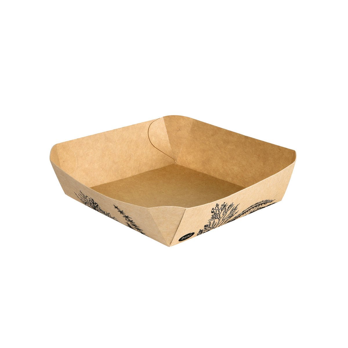 The Alga bowl square 115x115x39mm, brown from Duni GmbH is a square food bowl made of brown cardboard with slightly slanted sides and a printed outer design. The empty bowl is depicted against a white background.