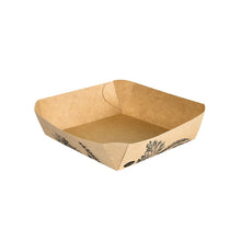 The Alga bowl square 115x115x39mm, brown from Duni GmbH is a square food bowl made of brown cardboard with slightly slanted sides and a printed outer design. The empty bowl is depicted against a white background.