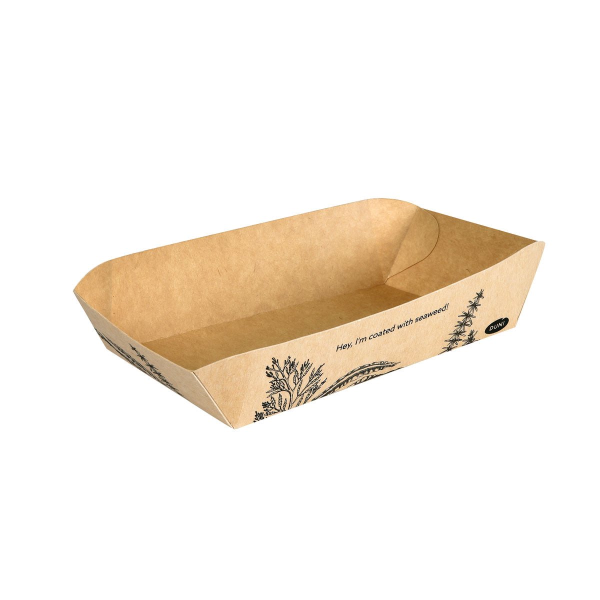 The Alga tray rectangular 160x85x40mm, brown | Carton from Duni GmbH is a brown, rectangular, compostable tray with rounded edges and algae illustrations as well as the text "Hey, I'm covered with algae!" inside.