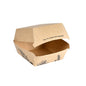 A brown algae clamshell box 500ml (120x120x75mm) from Duni GmbH made of cardboard, with black plant graphics, shown open and empty. Inside the lid: "Hey, I'm covered with algae!" - a sustainable packaging solution.